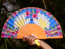 Khu Khu Cockatoo Kisses Hand-fan, from the Love Birds Hand-fan Collection - Brazilian-inspired hand-fans influenced by vintage postcards and stamps