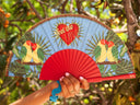 Khu Khu Feel the Love Hand-fan, from the Love Birds Hand-fan Collection - Brazilian-inspired hand-fans influenced by vintage postcards and stamps