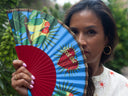 Khu Khu Feel the Love Hand-fan, from the Love Birds Hand-fan Collection - Brazilian-inspired hand-fans influenced by vintage postcards and stamps
