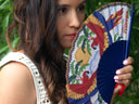 Khu Khu Paradise Parrots Hand-fan, from the Love Birds Hand-fan Collection - Brazilian-inspired hand-fans influenced by vintage postcards and stamps