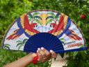 Khu Khu Paradise Parrots Hand-fan, from the Love Birds Hand-fan Collection - Brazilian-inspired hand-fans influenced by vintage postcards and stamps