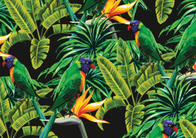 Close up of Khu Khu tropical Green Parakeet hand-fan print. Beautiful green birds perch amongst tropical leaves and orange passion flowers. 