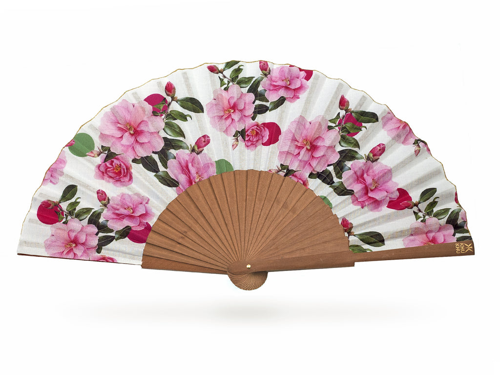 Khu Khu Beautiful Cool Camellias Hand-Fan with Liz Earle collaboration print.  Floral print with pink and green spots and camellias mounted with polished pear wood
