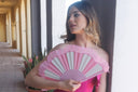 Budelli Pink Hand Fan by Khu Khu. Handmade wooden Spanish folding fan