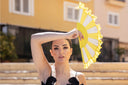 Tuscan Yellow Hand Fan by Khu Khu. Handmade wooden Spanish folding fan