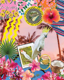Khu Khu Cockatoo Kisses Hand-fan, from the Love Birds Hand-fan Collection - Brazilian-inspired hand-fans influenced by vintage postcards and stamps