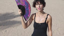Khu Khu Midnight Macaw Hand-fan, from the Love Birds Hand-fan Collection - Brazilian-inspired hand-fans influenced by vintage postcards and stamps