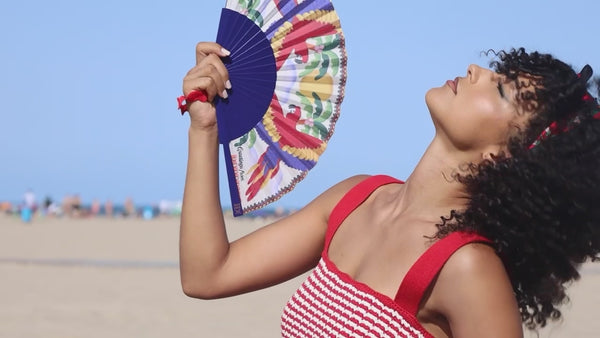 Khu Khu Paradise Parrots Hand-fan, from the Love Birds Hand-fan Collection - Brazilian-inspired hand-fans influenced by vintage postcards and stamps