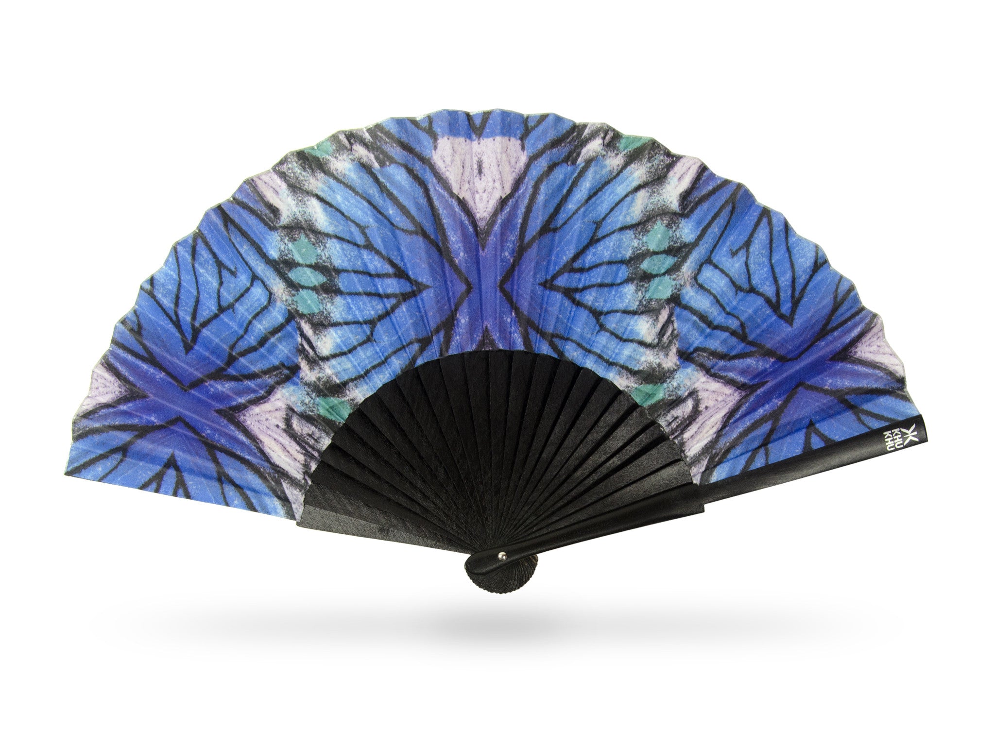 Khu Khu Blue Lyca Beautiful Butterfly print hand-fan with geometric symmetrical close up of butterfly wing in blue, turquoise and black with black wooden sticks.