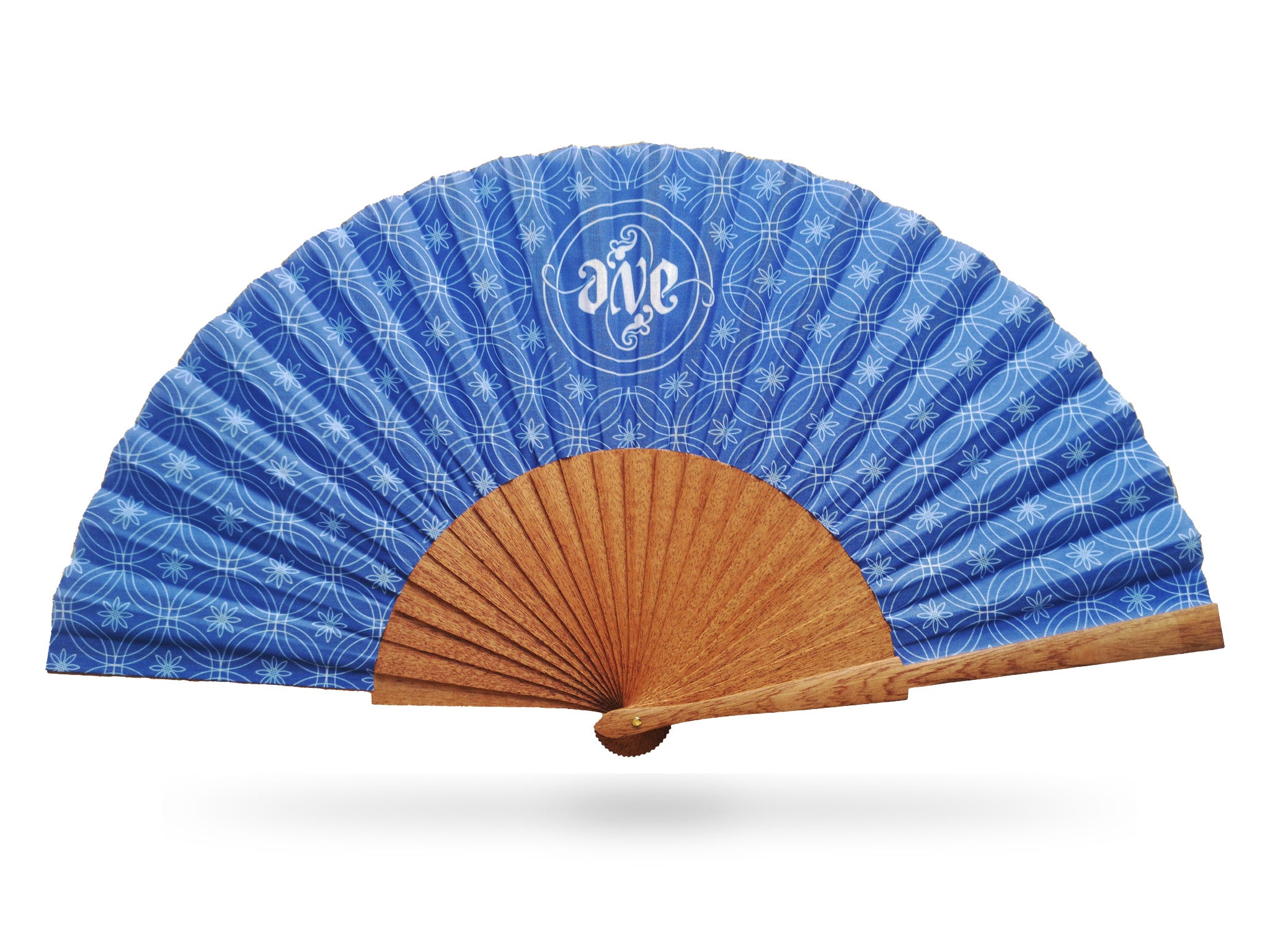 Khu Khu Private Commission Hand-Fan example - Blue and White print with natural sipo wood