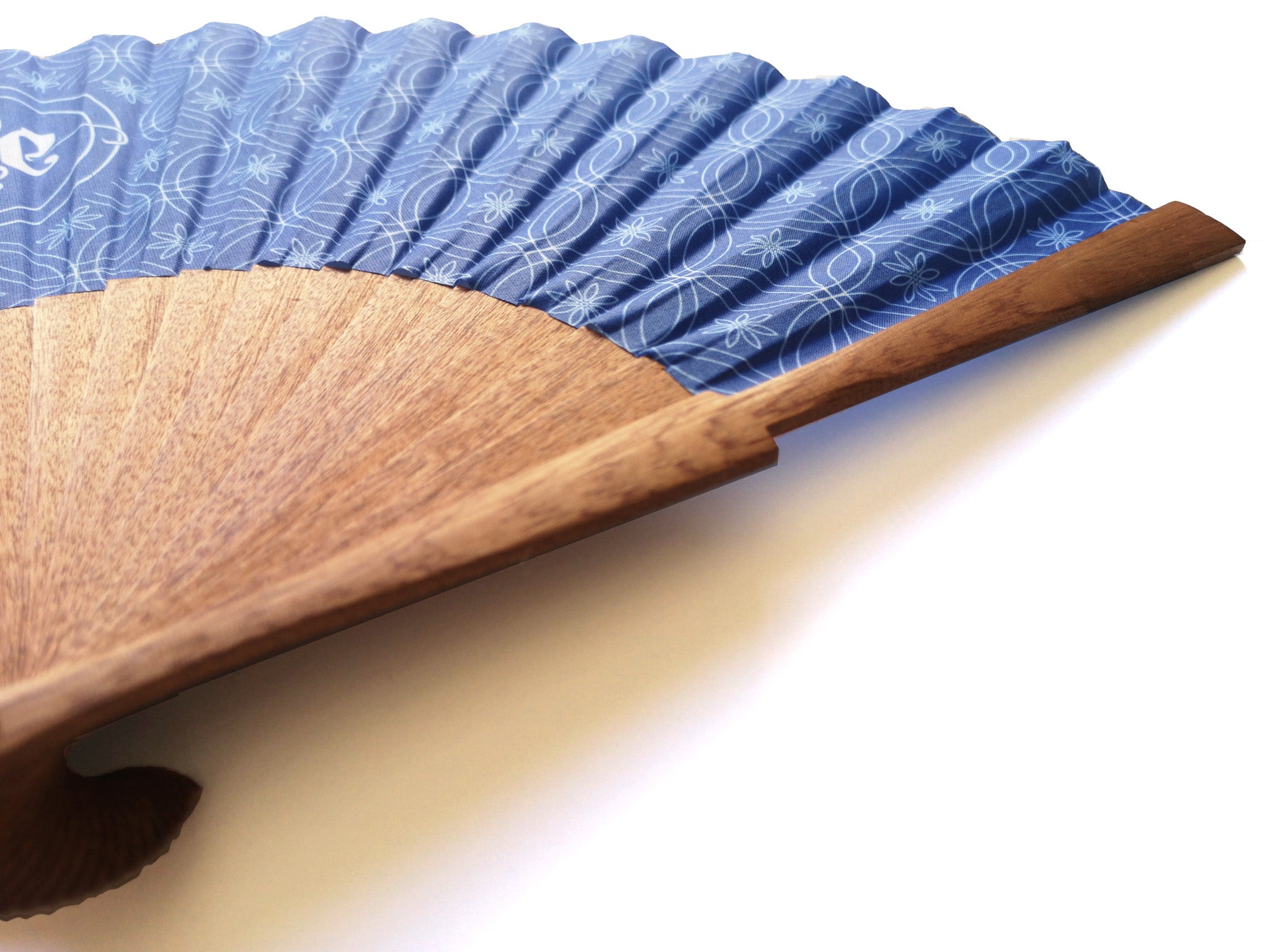 Khu Khu Hand-Fan, Private Commission Example -Blue and White Pattern with client middle in centre mounted with natural sipo wood sticks