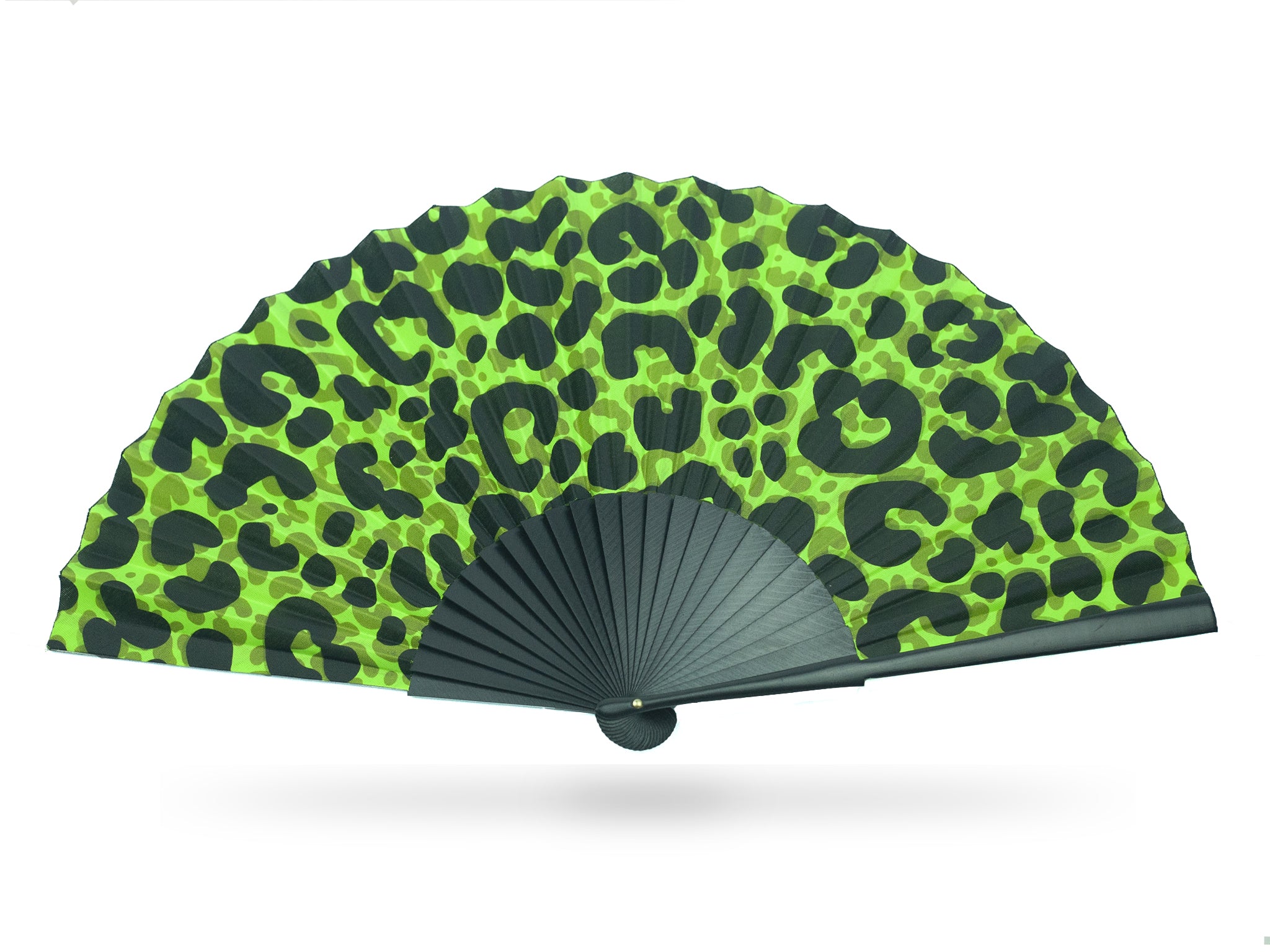 Khu Khu commission hand-fan for girl band Little Mix. Modern leopard print on neon green cotton mounted with 27cm long black wooden sticks.