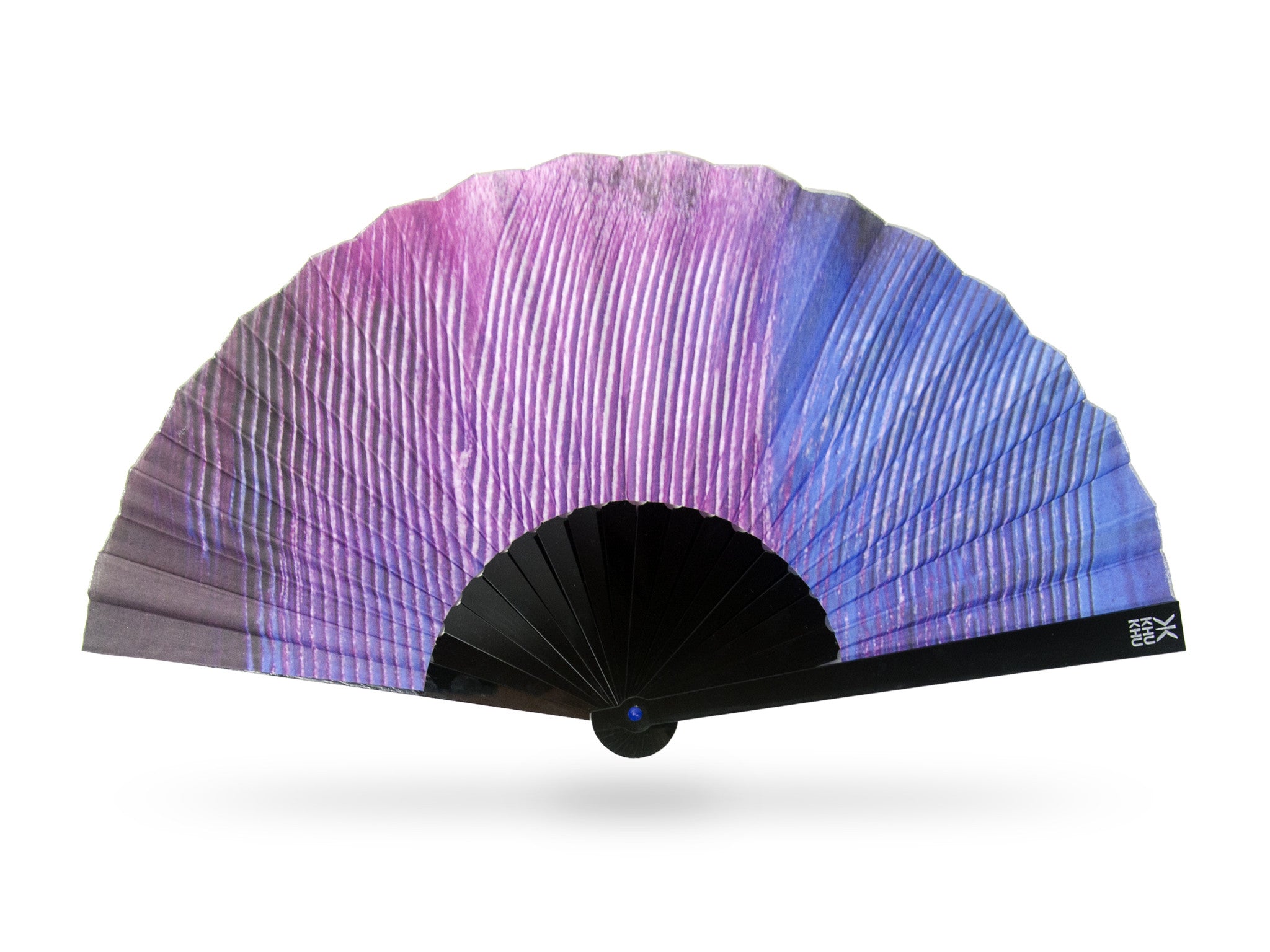 Khu Khu Premium Cotinga Tropical Bird Wing Print Hand-Fan in purple and blue tones. Painted and then printed onto high grade cotton with swiss acrylic bespoke shape sticks. Blue rivet and silver rim. Engraved logo. 