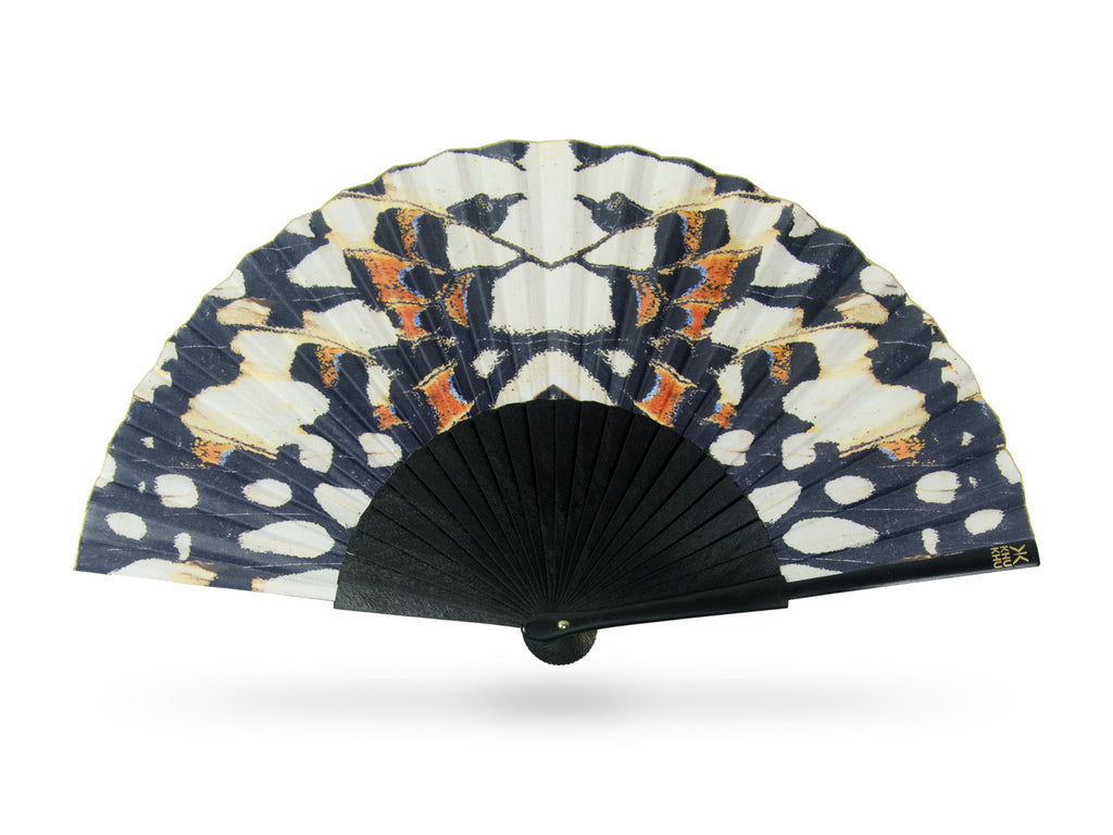 Khu Khu Black Nymph Beautiful Symmetrical Butterfly Print Hand-Fan with black sticks in black, off white and hints of blue and burnt orange.